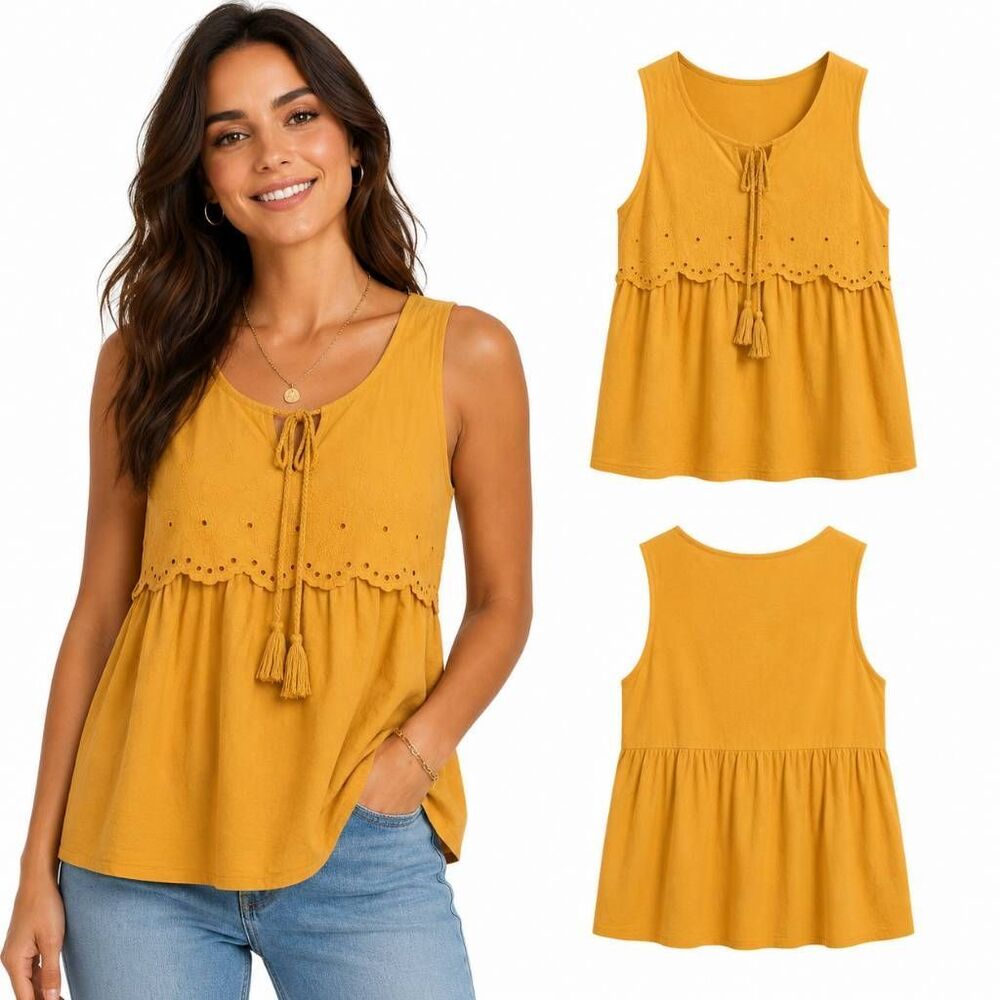 Knox Rose Mustard Embroidered Peplum Tank Top XXL